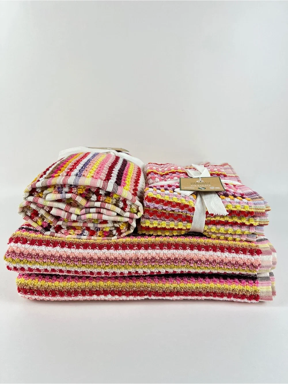 Deborah Connolly Bath Towel Set Pink Red Multicolor Striped Cotton 2 Pc Set NEW